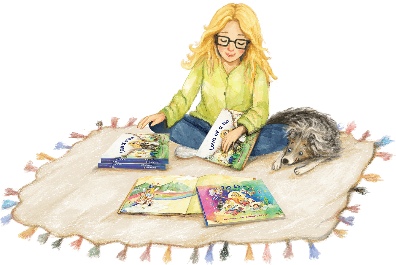Tía seated on a rug surrounded by the Journey with Tía™ book collection