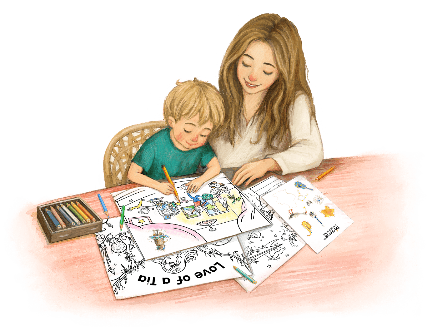 A tía and child coloring Love of a Tía pages together